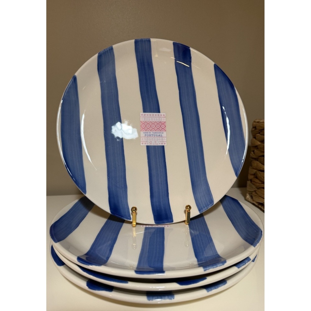 Made In Portugal, FP Home, S/4 Plate Set 1075", Hand-painted, Blue Stripe New